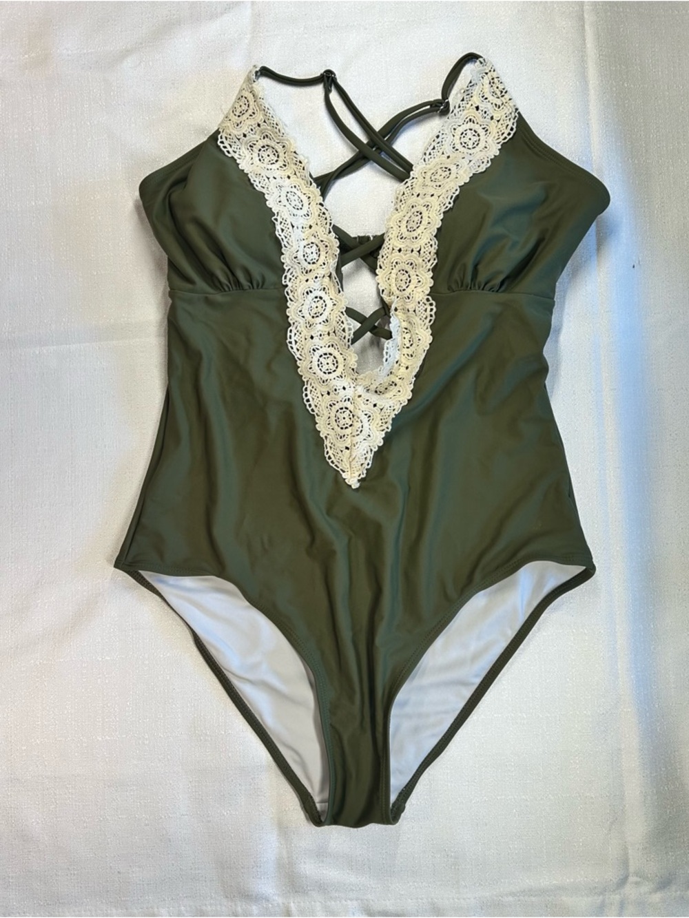 Olive Green One-Piece Swimsuit with Ivory Lace Trim Boho beach cottage capsule